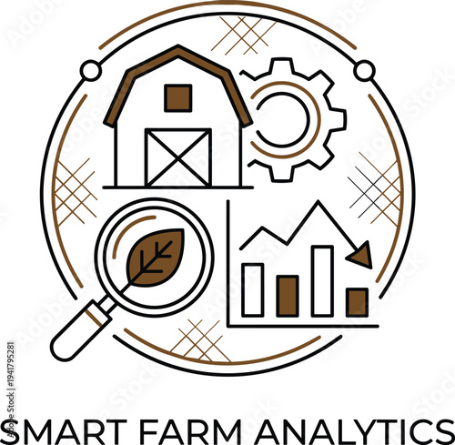 Smart farm analytics concept icon with barn gear crop analysis magnifier and data chart for agriculture technology