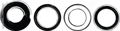 Abstract circular ring variations, black brushstroke circle designs, artistic round shapes illustration, minimal geometric concept, decorative graphic artwork, flavector