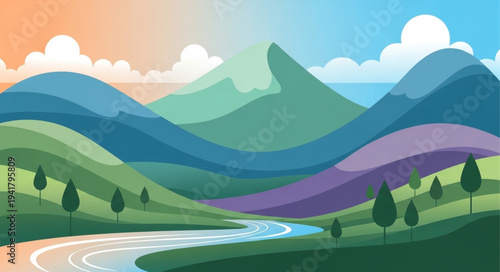 Scenic Landscape with Rolling Hills and Mountain Range.