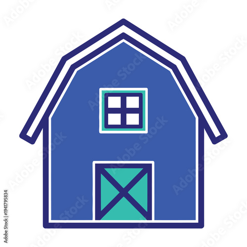 Blue barn house icon with green door and window