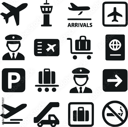 Airport Travel Icon Set – Airplane, Control Tower, Runway, Luggage Vector Icons