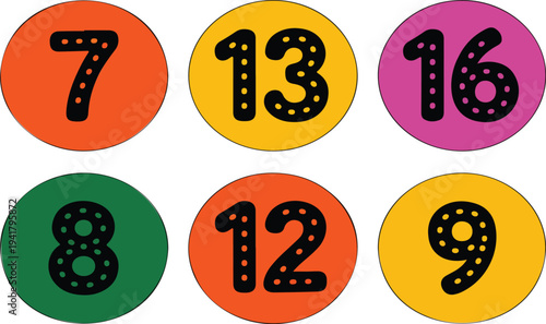 Colorful Vector Set of Textured Circular Buttons Featuring Numbers with Speckled Dots Ideal for Badges, Price Tags, Calendar Dates, Lottery Games, and Retro Design Elements