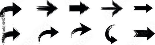 A collection of 8 black arrow icons with brush stroke effect