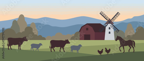 Vibrant farm landscape with sunrise, colorful hills, and farm animals grazing peacefully