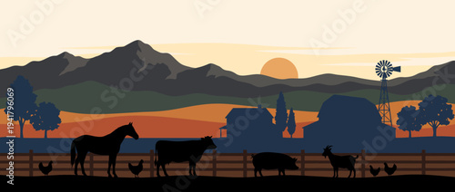 Serene farm scene at sunset with horses and cows standing near a fence under a majestic mountain landscape