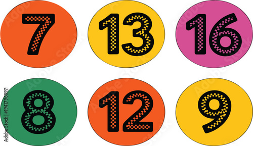 Colorful Vector Set of Textured Circular Buttons Featuring Numbers with Speckled Dots Ideal for Badges, Price Tags, Calendar Dates, Lottery Games, and Retro Design Elements