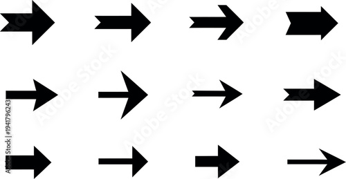 Collection of black arrow icons pointing right on white background