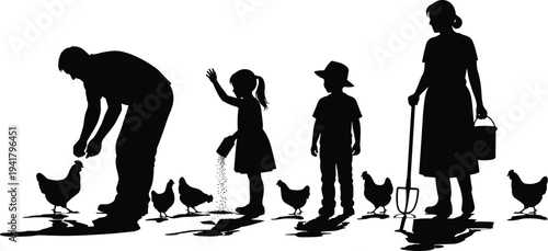 Family farming silhouette, rural lifestyle, chicken care, agricultural work, countryside living, farm animals, feeding scene, village illustration, sustainable agriculture vector, flavector