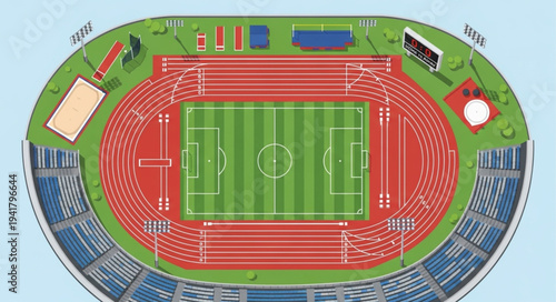 Overhead View of a Sports Stadium with Running Track and Field.