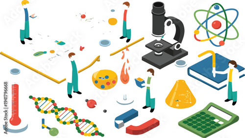 Isometric Science Set Featuring Scientist and Student with Huge Chemistry and Physics Lab Equipment Education 3D Vector Illustration for Laboratory Research