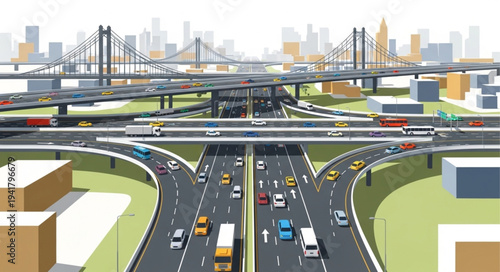 Cityscape with Elevated Highway and Traffic Flow Illustration.