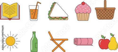 Summer picnic icon set featuring open book, orange juice, sandwich, cupcake, basket, sun, bottle, folding chair, blanket, apple, and pear