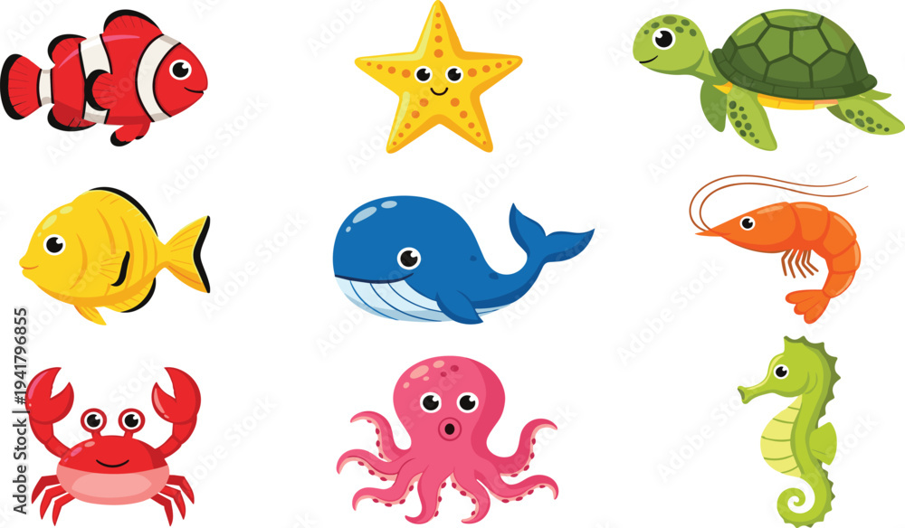 Fototapeta premium Cute Ocean Animals Cartoon Set with Clownfish, Whale, Turtle, Octopus, Crab, Seahorse, Starfish, and Shrimp for Kids Marine Illustration.