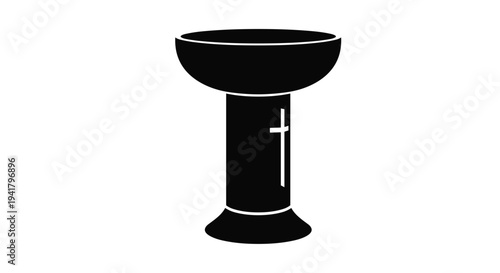 A black silhouette of a baptismal font with a cross on the side, Generative AI.