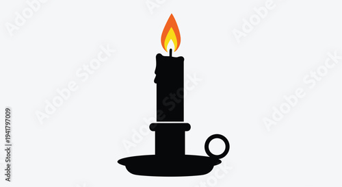 A black silhouette of a lit candle on a simple holder with a flame burning at the top on a light gray background, Generative AI.