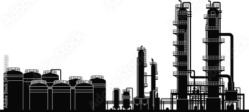 Industrial chemical refinery plant silhouette, distillation columns, storage tanks, petrochemical processing facility, engineering infrastructure, energy industry illustration, flavector