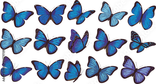 Realistic Blue Butterflies Flying Isolated Bright Insects Collection Decorative Spring, Summer, Forest, and Garden Wild Animals Vector Set