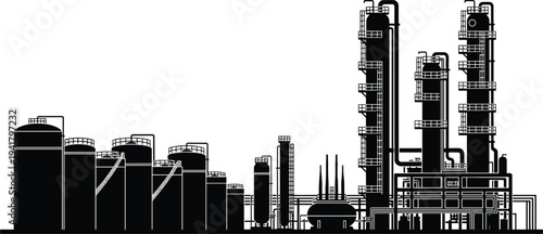 Industrial chemical plant silhouette, distillation columns, storage tanks, petrochemical refinery infrastructure, engineering processing facility, energy industry illustration design, flavector