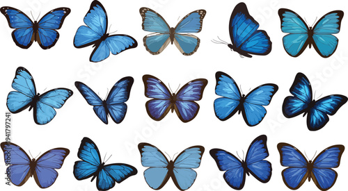 Realistic Blue Butterflies Flying Isolated Bright Insects Collection Decorative Spring, Summer, Forest, and Garden Wild Animals Vector Set