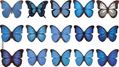 Realistic Blue Butterflies Flying Isolated Bright Insects Collection Decorative Spring, Summer, Forest, and Garden Wild Animals Vector Set
