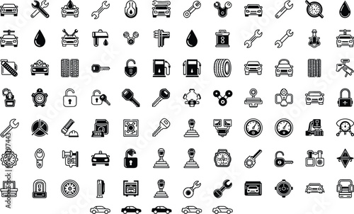 Automotive service and car maintenance icon collection with tools, engine parts, oil symbols, garage equipment, vehicle repair vector line icons