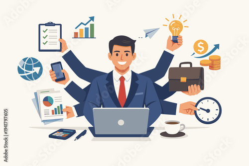 Multitasking Successful Businessman Managing Multiple Tasks with Many Arms Holding Laptop, Clock, Briefcase, Lightbulb, and Documents. Flat Vector Illustration for Productivity and Efficiency.