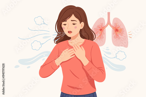 Vector illustration of a woman suffering from shortness of breath and chest pain with an anatomical diagram of diseased lungs, representing chronic obstructive pulmonary disease, COPD, or asthma.