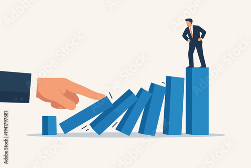 Businessman Standing on Top of Falling Domino Blocks Representing Financial Crisis and Market Instability Caused by External Force or Big Hand Pushing Down Bar Chart in Vector Illustration.
