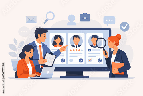 Human resources recruitment team reviewing online job applications on a large computer monitor, business professionals analyzing candidate profiles for hiring process, flat vector illustration.