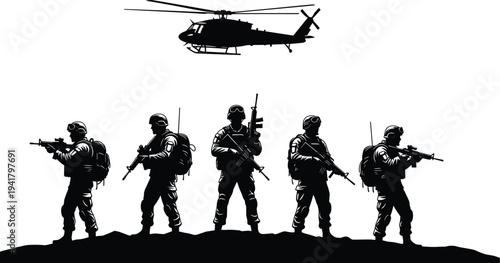 Military soldiers silhouette, tactical gear, combat stance, helicopter patrol, battlefield readiness, defense operation, armed forces illustration, war scene vector, army icons, flavector