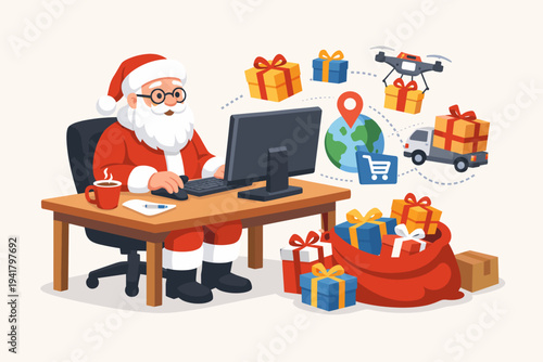 Modern Santa Claus sitting at desk with computer managing online gift delivery with drones and trucks; flat vector illustration of Christmas e-commerce, logistics, and digital holiday gift shopping.