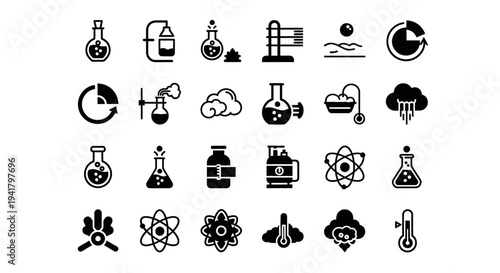 Collection of scientific icons representing various laboratory equipment and concepts in a simple, monochrome style viewed from a straightforward perspective