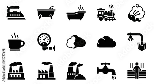 Industrial Icons Collection Representing Various Sectors and Processes in a Modern Setting