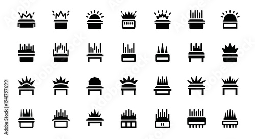 Collection of diverse black icons representing various abstract concepts and objects displayed on a clean white background