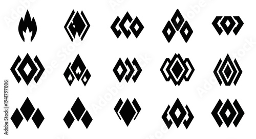 Collection of abstract geometric shapes arranged in a grid pattern on a clean background with varied designs and symmetry