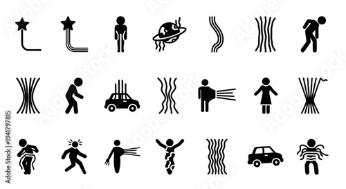 People engaging in various activities amidst natural elements and vehicles, depicted in a minimalist black silhouette style
