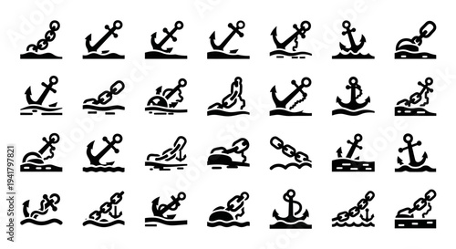 Collection of various anchor icons in different styles and orientations displayed on a plain background from a straightforward viewpoint