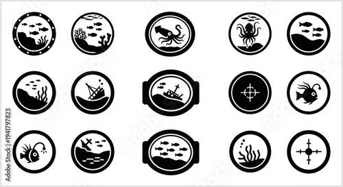 Collection of black and white icons representing various natural elements and objects in circular frames