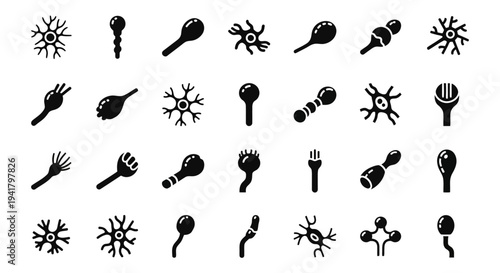 Collection of diverse black silhouettes depicting viruses and microphones in various forms and arrangements on a plain background