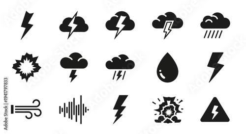 Collection of Weather Icons Depicting Various Stormy Conditions and Symbols on a White Background from a Direct Viewpoint