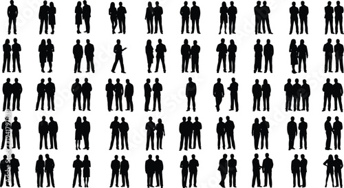 Business people silhouette collection, men and women standing together, professional team conversation poses, corporate group figures isolated on white background
