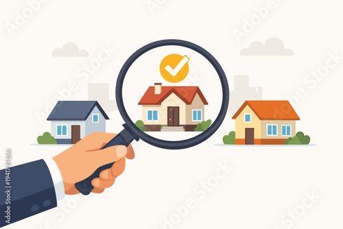 Businessman hand holding a magnifying glass searching for the best real estate house deal. Concept of home inspection, property selection, and finding the perfect dream home in the neighborhood.