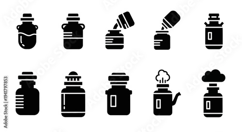 Collection of black icon illustrations depicting various coffee makers and tea kettles in different styles on a white background from a straightforward viewpoint