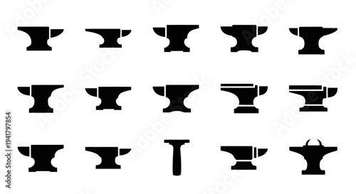 Collection of black silhouettes of various anvils and a hammer on a white background viewed from directly above