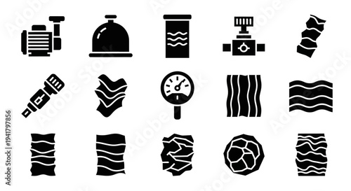 Collection of diverse black icons representing various objects and abstract designs on a plain background