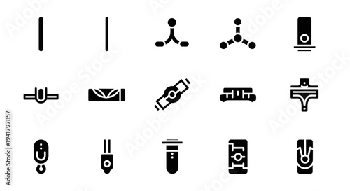 A collection of black icons representing various simple objects and symbols on a plain background viewed from a straightforward perspective.