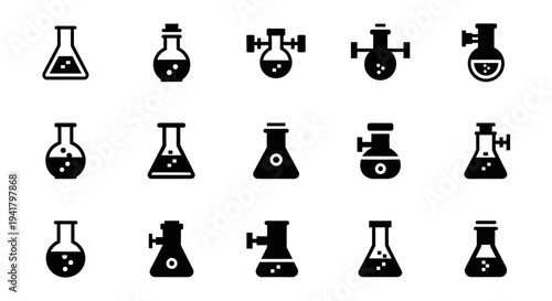 Collection of Laboratory Flasks and Equipment Icons in Black Silhouettes on a Plain Background from a Direct Viewpoint