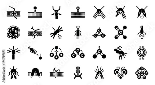 Collection of abstract black and white icons representing various scientific concepts and symbols in a grid layout from a straightforward viewpoint
