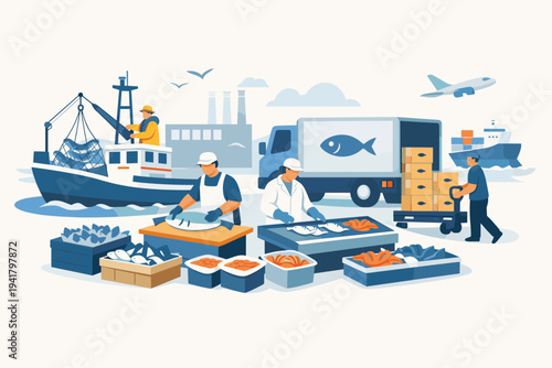 Flat vector illustration of the seafood industry and fish production process with workers processing fresh catch, fishing boat, delivery truck, cargo ship, and plane for global distribution chain.
