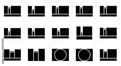 Collection of simple black and white graphic icons featuring various abstract geometric shapes and designs